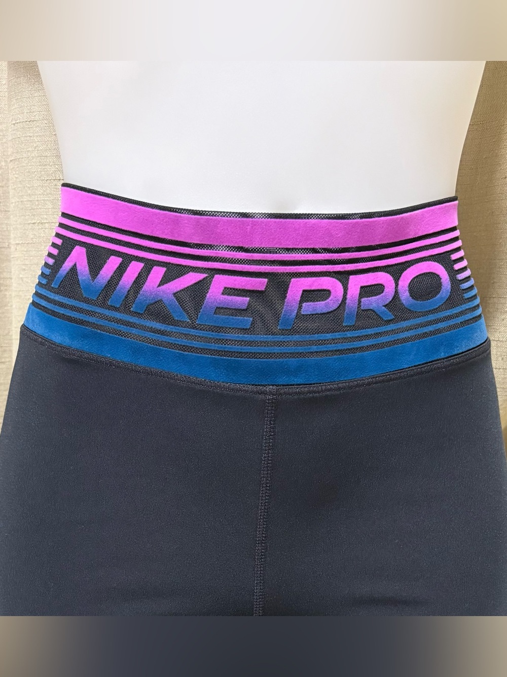 Nike Pro High-Waist Athletic Leggings— Black with Pink & Blue Waistband